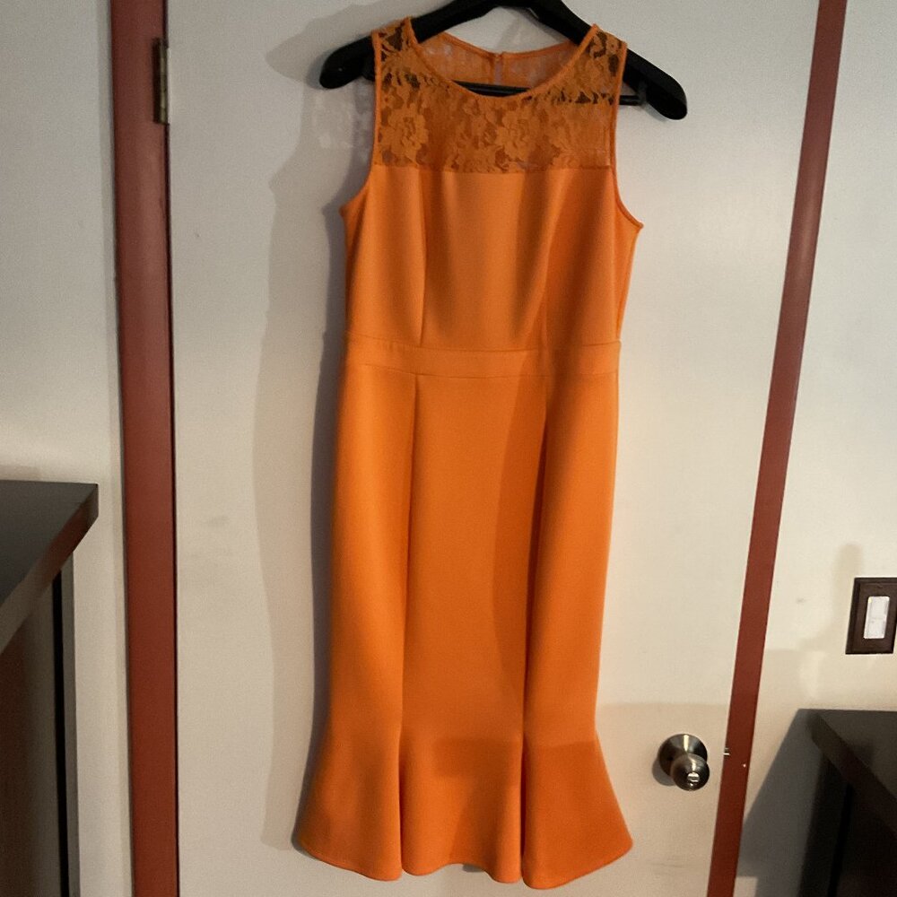 New York & Company Orange Lace Crochet Ruffle Dress | Sleeveless | Size M